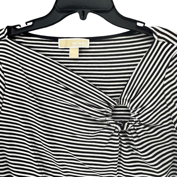 Michael Kors Shirt‎ Womens Large Black White Stripe Ring Detail 3/4 Sleeve Top - Picture 3 of 12